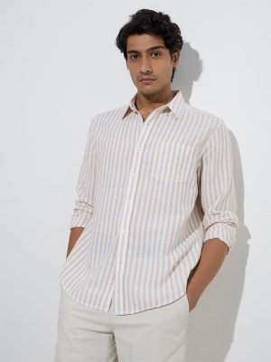 WES Casuals Beige Stripe Relaxed-Fit Cotton-Blend Shirt