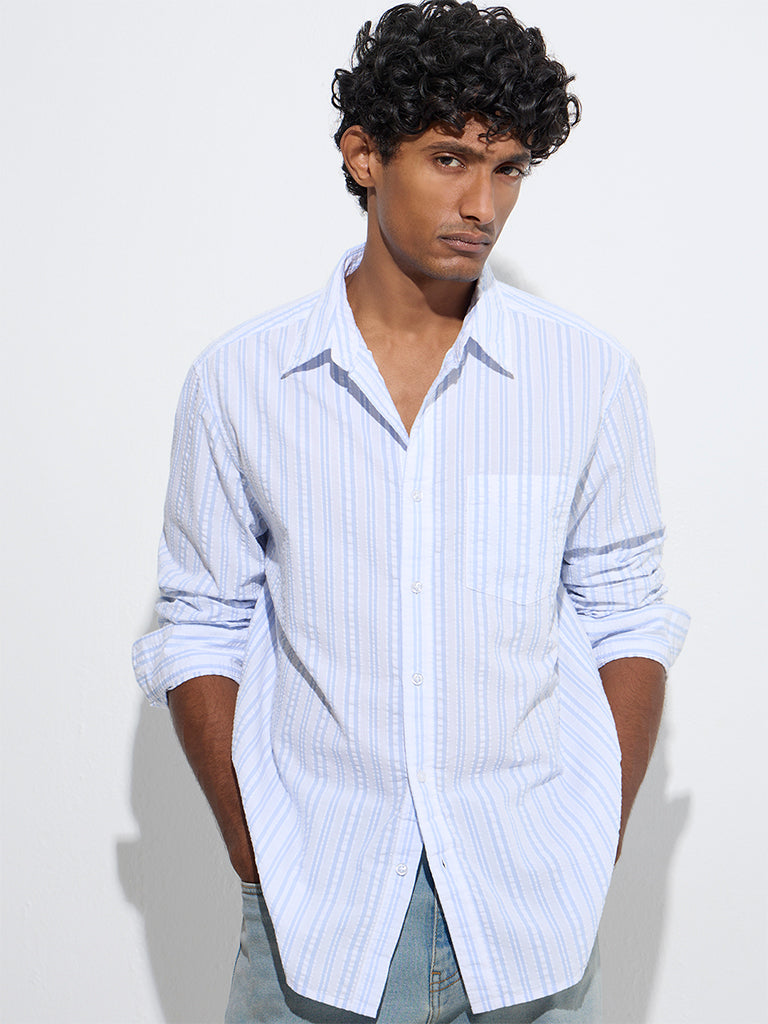 WES Casuals Blue Stripe Relaxed-Fit Cotton Shirt