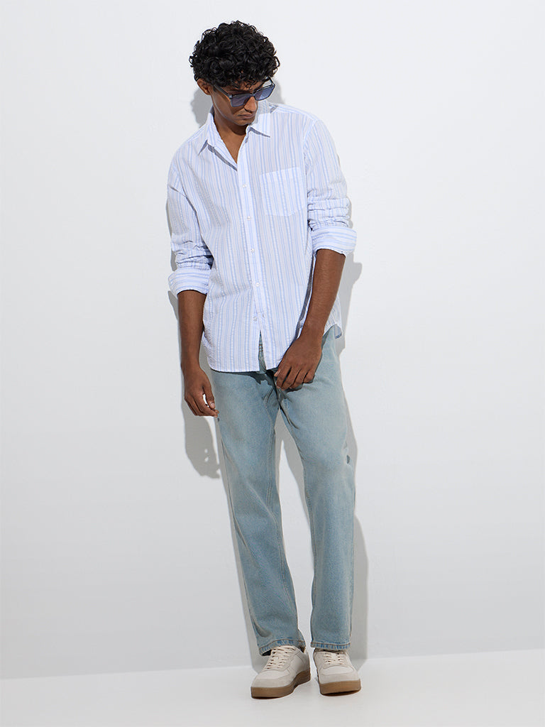 WES Casuals Blue Stripe Relaxed-Fit Cotton Shirt - Image 2