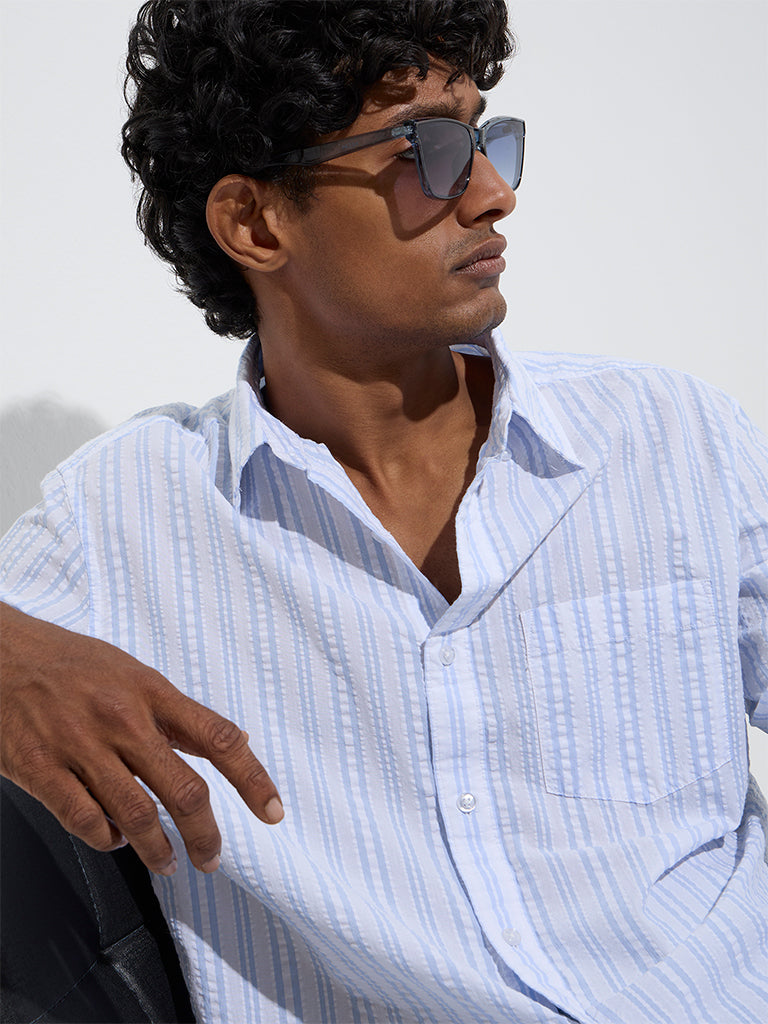 WES Casuals Blue Stripe Relaxed-Fit Cotton Shirt - Image 3