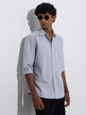 WES Casuals Navy Striped Relaxed-Fit Cotton Shirt