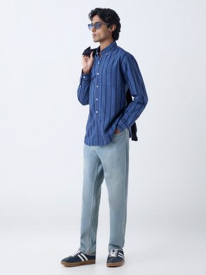 WES Casuals Navy Striped Relaxed-Fit Cotton Shirt