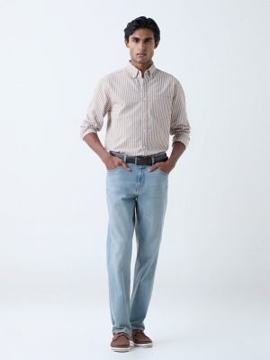 WES Casuals Taupe Seersucker Striped Relaxed-Fit Cotton Shirt
