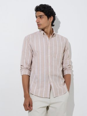 WES Casuals Beige Striped Relaxed-Fit Cotton-Blend Shirt