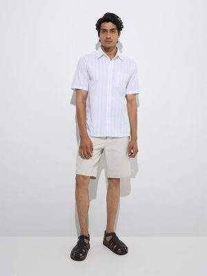 WES Casuals White Striped Relaxed-Fit Cotton Shirt