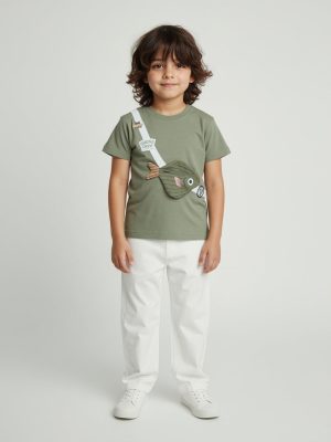 HOP Kids Olive Fish Detailed Cotton T-Shirt