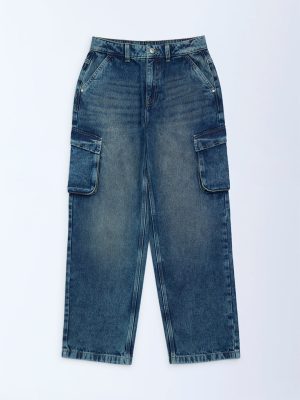 Y&F Kids Blue Washed Relaxed-Fit Mid-Rise Jeans