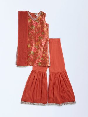 Utsa Kids Rust Floral Pattern Ethnic Set - (8-14yrs)
