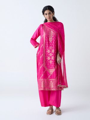Vark Fuchsia Embroidered Straight Ethnic Set