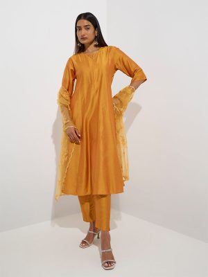 Vark Yellow Floral Embellished A-Line Ethnic Set