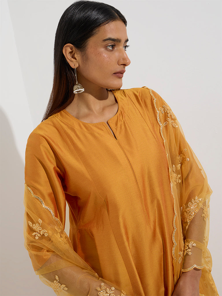 Vark Yellow Floral Embellished A-Line Ethnic Set - Image 3