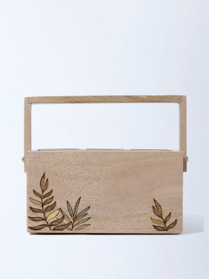 Westside Home Beige Leaf Etched Wooden Caddy