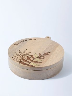 Westside Home Beige Leaf Etched Wooden Spice Box