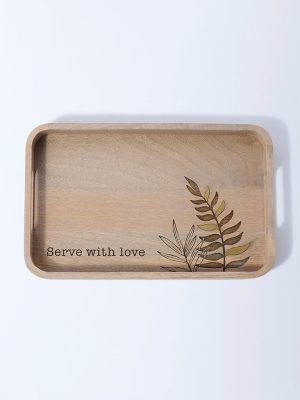 Westside Home Beige Leaf Design Wooden Serving Tray