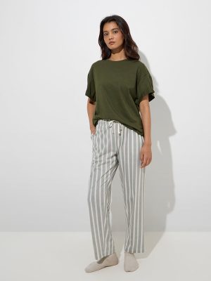 Wunderlove Sage Striped High-Rise Cotton Lounge Pants