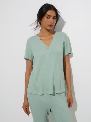Wunderlove Mint Ribbed-Textured Henley Top