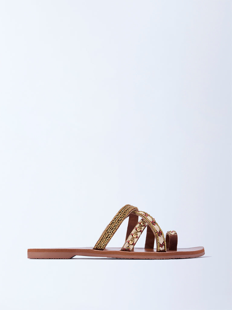 LUNA BLU Tan Embellished Toe-Ring Sandals