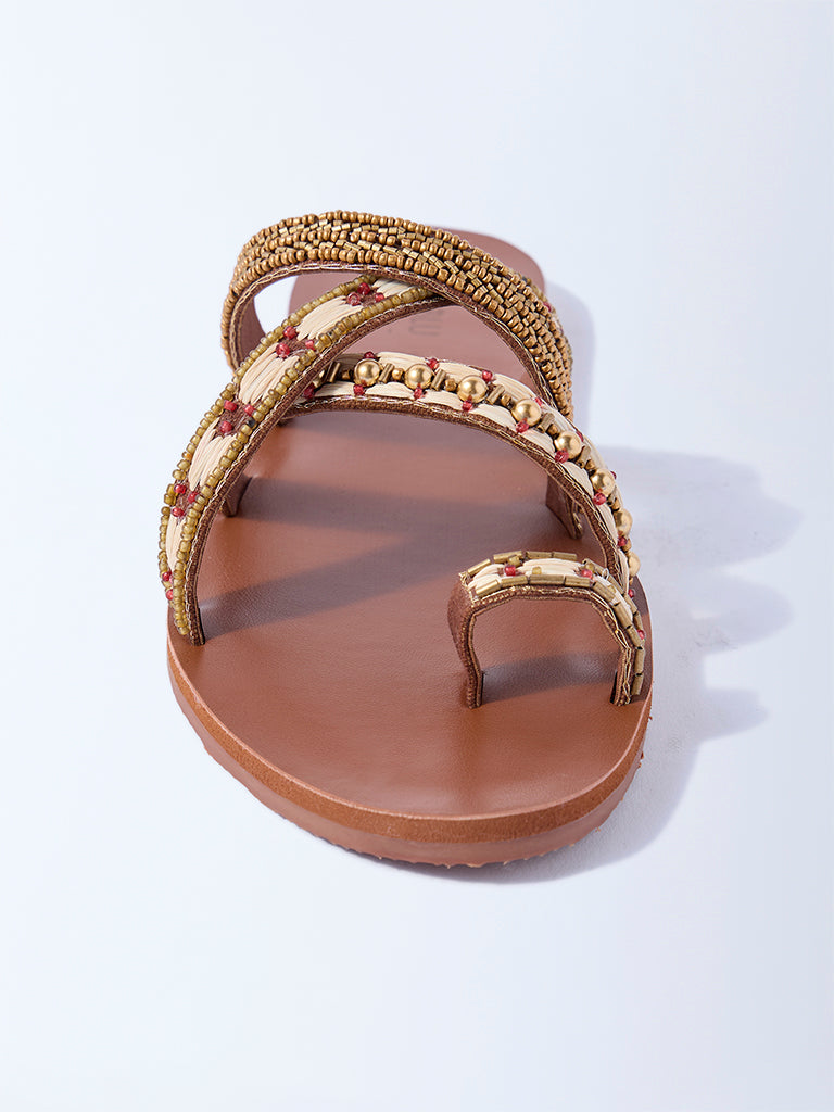 LUNA BLU Tan Embellished Toe-Ring Sandals - Image 3