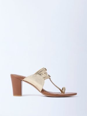 LUNA BLU Gold Kolhapuri Block Heel Sandals