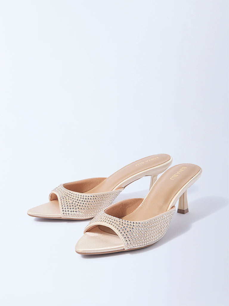 LUNA BLU Light Gold Diamante Embellished Heel Sandals - Image 3