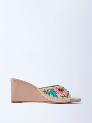 LUNA BLU Beige Floral Embroidered Wedge Heel Sandals