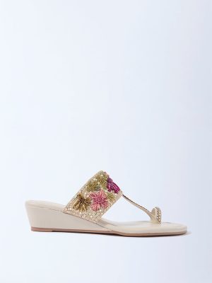LUNA BLU Ivory Embellished Wedge-Heel Kolhapuri Sandals