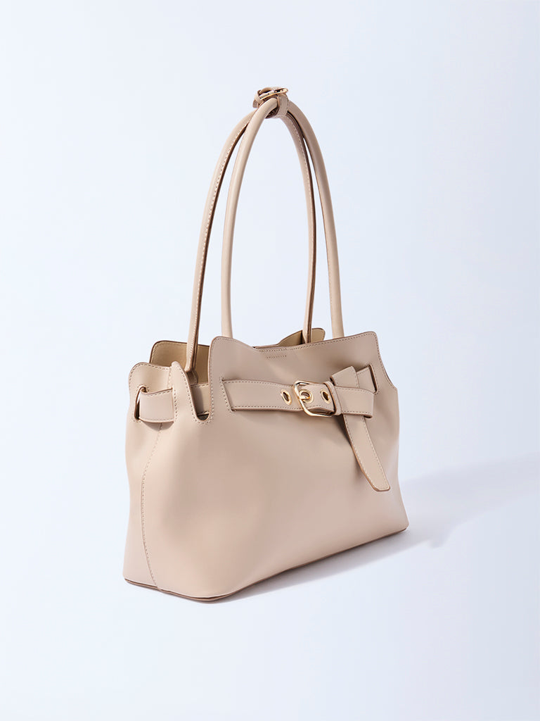 Westside Beige Buckle-Detailed Tote Bag