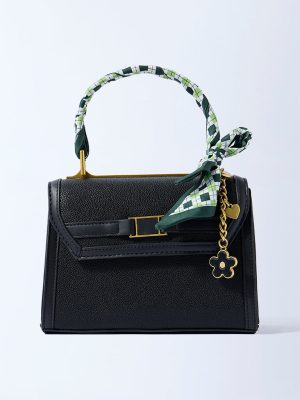 Westside Black Satchel Bag with Sling Handle. Bag Charm and Scarf Set