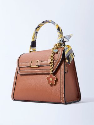 Westside Tan Satchel Bag with Sling Handle. Bag Charm and Scarf Set