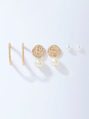 Westside Accessories Gold Hammered Stud and Hoop Earrings Set - Pack of 3