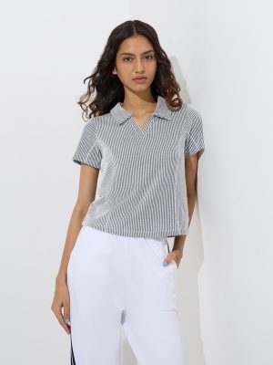 Studiofit Navy Stripe Printed Cotton-Blend Polo T-Shirt