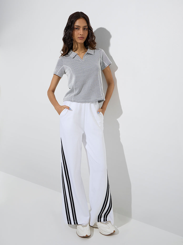 Studiofit Navy Stripe Printed Cotton-Blend Polo T-Shirt - Image 2