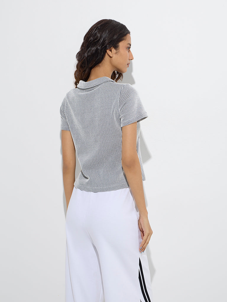 Studiofit Navy Stripe Printed Cotton-Blend Polo T-Shirt - Image 4