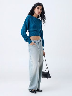 Nuon Teal Knit-Textured Sweater