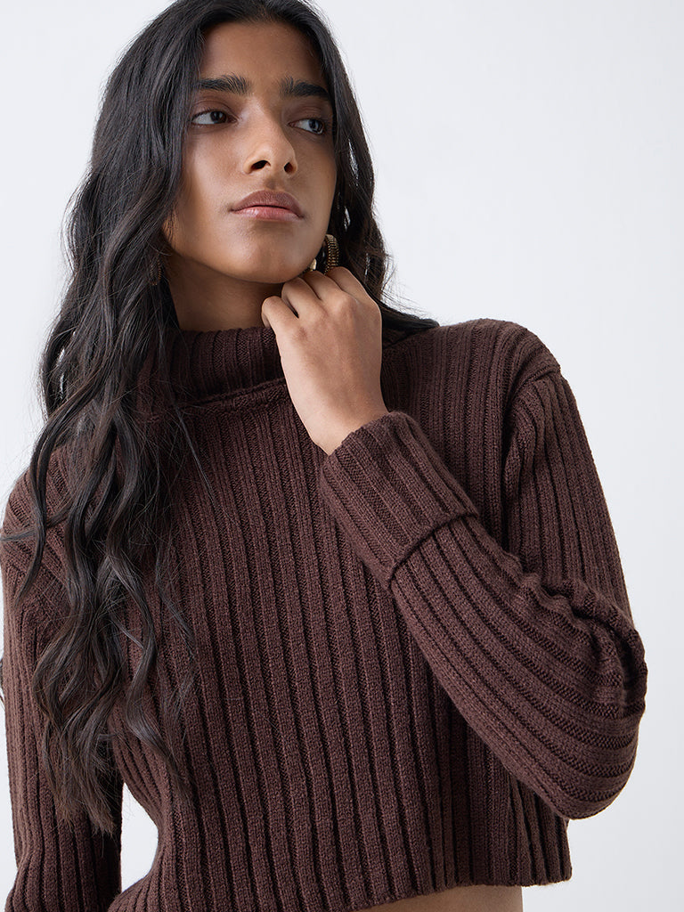 Nuon Dark Brown Self-Striped Sweater - Image 3
