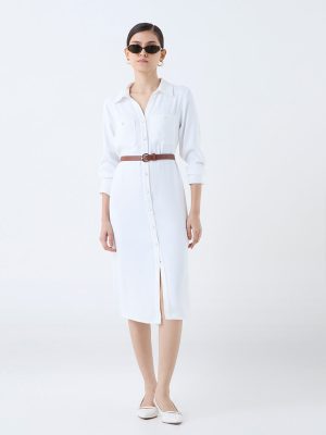 Wardrobe White Solid Shirt Dress with Belt