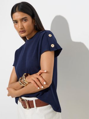 Wardrobe Navy Solid Cotton-Blend Top