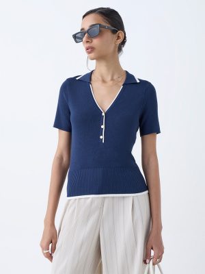 Wardrobe Navy Ribbed-Textured T-Shirt