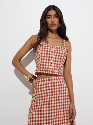LOV Rust Gingham Checkered Cotton Top