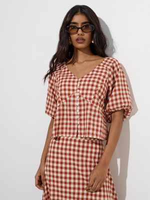 LOV Rust Gingham Checks Design Cotton Top