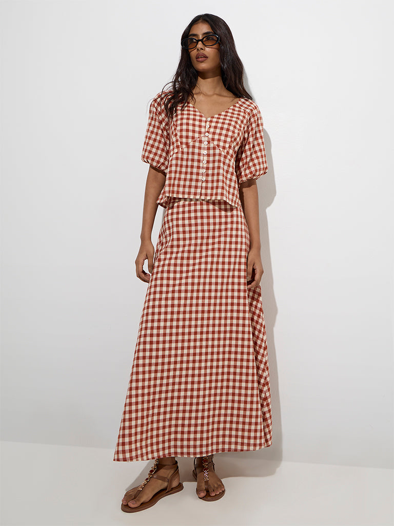 LOV Rust Gingham Checks Design Cotton Top - Image 2