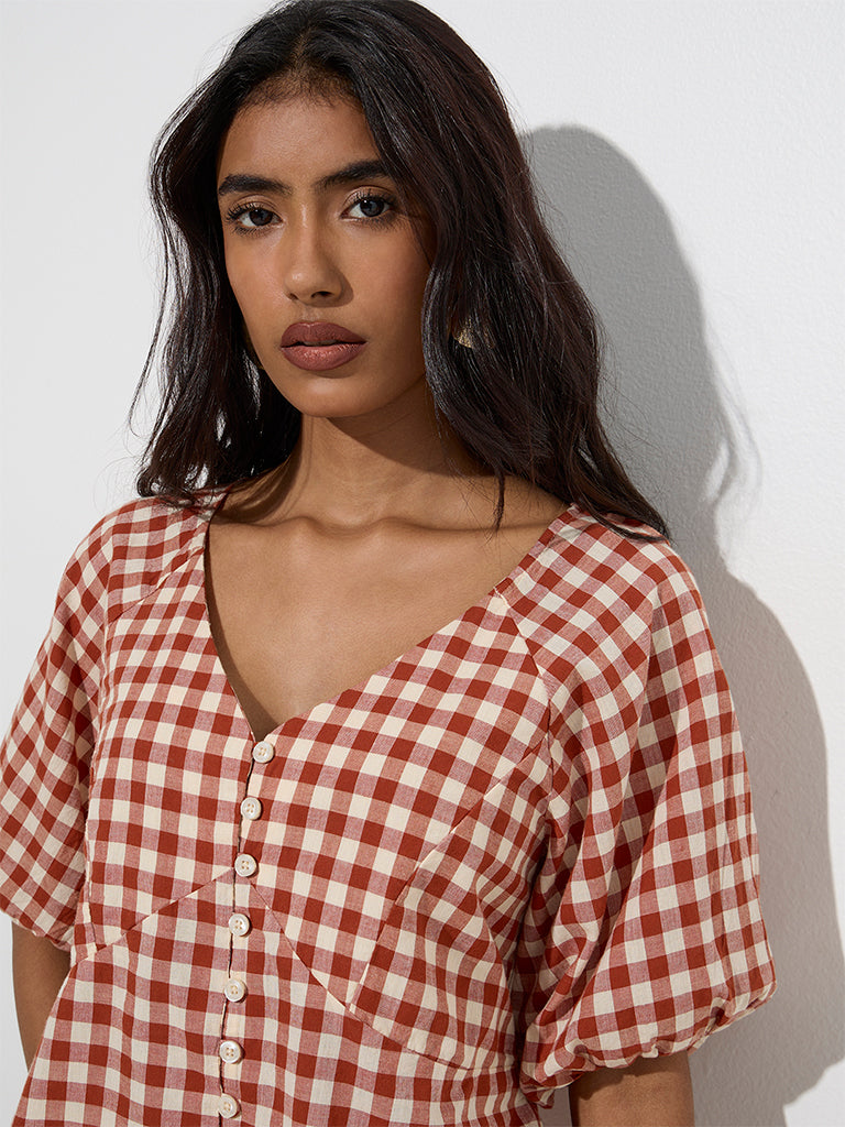 LOV Rust Gingham Checks Design Cotton Top - Image 3