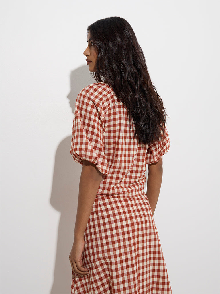 LOV Rust Gingham Checks Design Cotton Top - Image 4