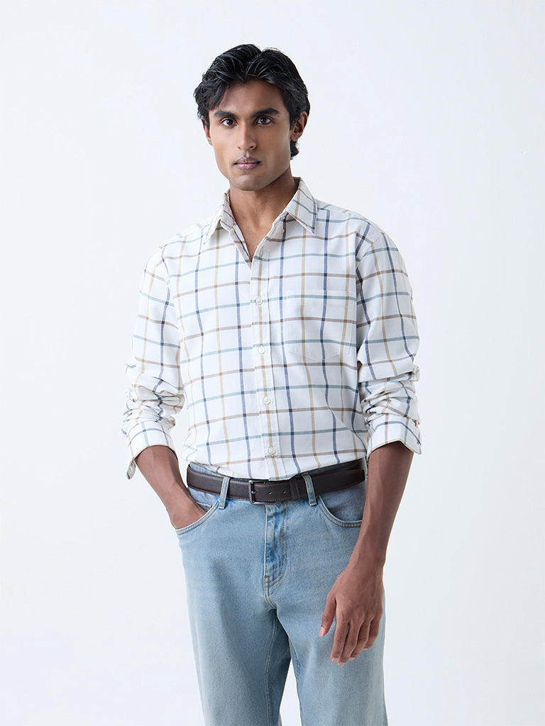 WES Casuals White Checks Printed Relaxed-Fit Cotton Shirt