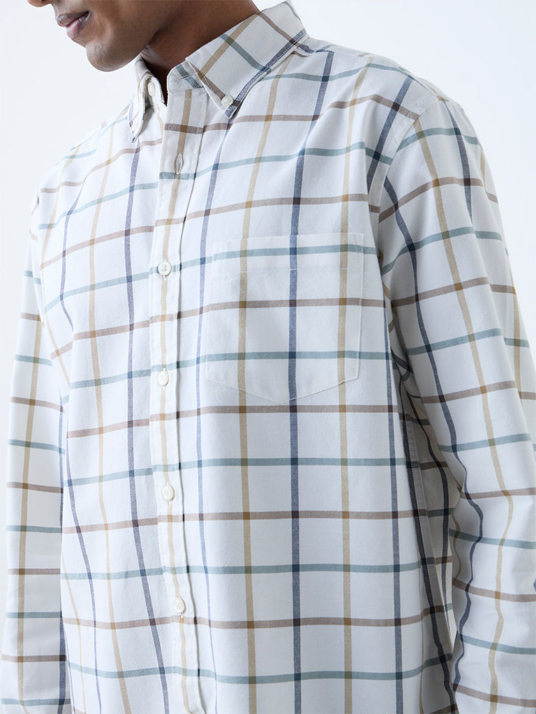 WES Casuals White Checks Printed Relaxed-Fit Cotton Shirt - Image 3