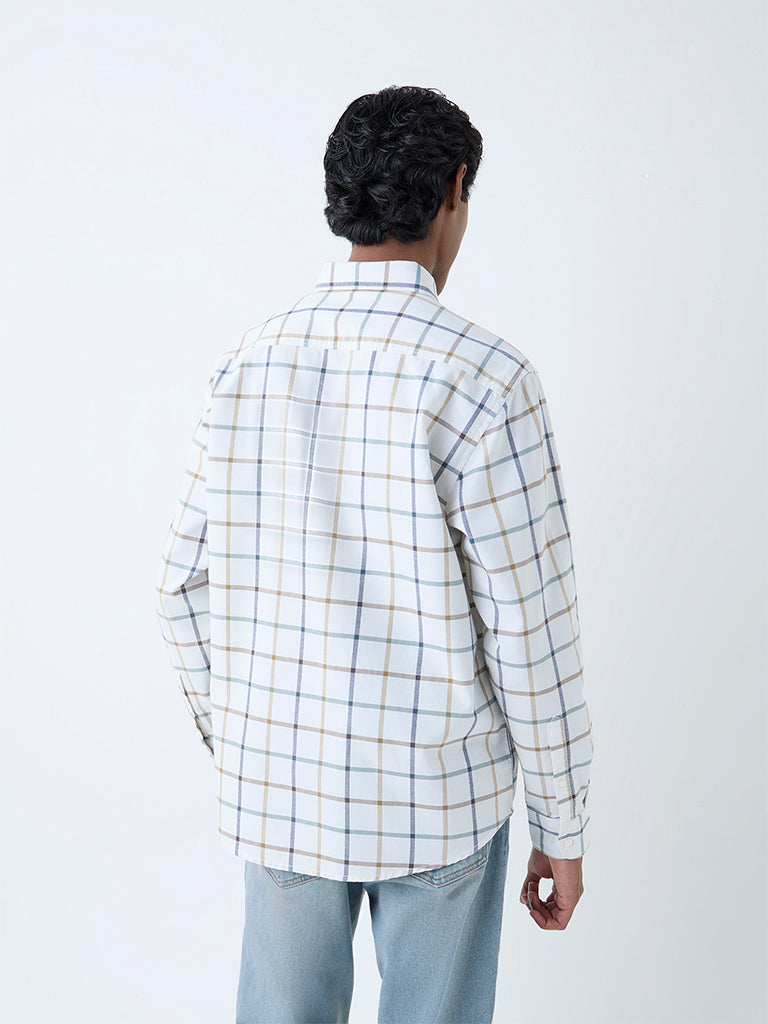 WES Casuals White Checks Printed Relaxed-Fit Cotton Shirt - Image 4