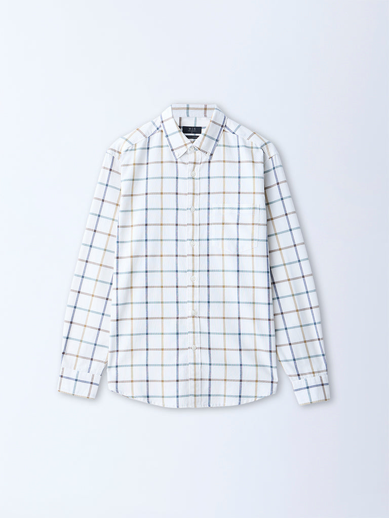 WES Casuals White Checks Printed Relaxed-Fit Cotton Shirt - Image 5