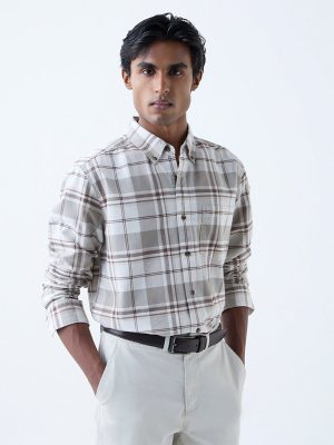 WES Casuals Beige Checkered Relaxed-Fit Cotton Shirt