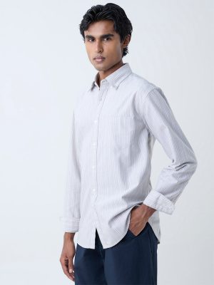 WES Casuals Light Taupe Striped Relaxed-Fit Cotton Shirt