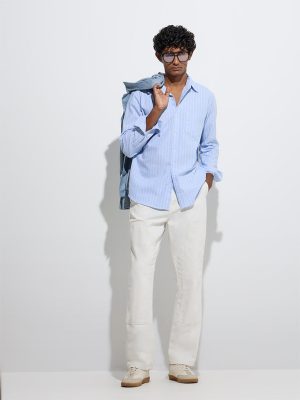 WES Casuals Blue Striped Design Relaxed-Fit Cotton Shirt